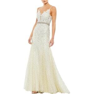 Mac Duggal Size 0 Delicate Floral Lace Long Evening Gown Ivory Prom Princesscore